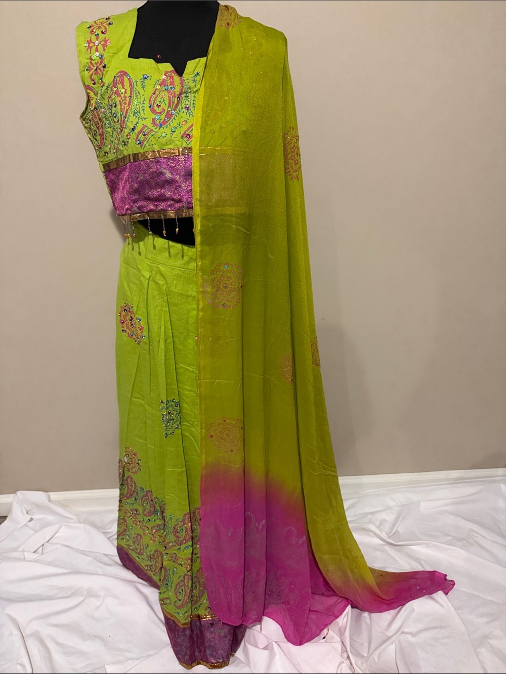 Heavily Worn Vibrant Lime & Pink Embroidered Women’s Indian Outfit